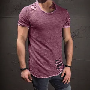 Men's stylish short sleeve distressed ripped T-shirt with curved hem in maroon color