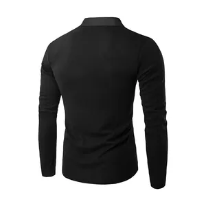 Back view of men's slim fit stand-up collar long sleeve black T-shirt in solid color.