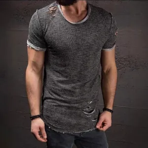 Distressed charcoal gray short sleeve knit t-shirt with ripped details for men
