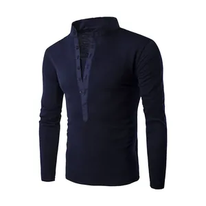 Detail of navy blue slim-fit long-sleeve T-shirt with stand collar and button placket.