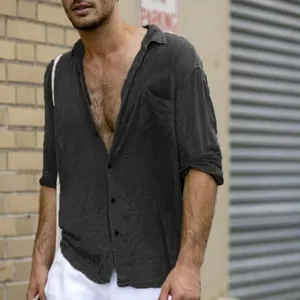 Men's casual street style cotton linen button-down shirt with chest pocket in charcoal grey