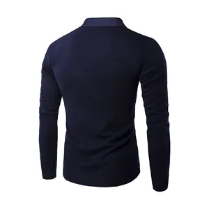Rear view of a navy blue slim-fit long-sleeve men's T-shirt with a stand collar