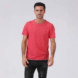 Men's red distressed short sleeve T-shirt with ripped details on light gray background.