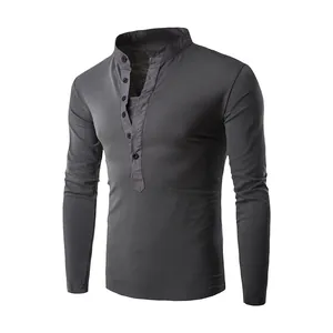 Men's dark grey slim fit long-sleeve T-shirt with stand collar and button placket