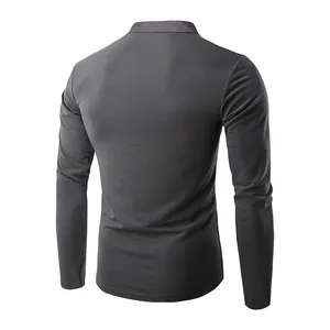 Detailed back view of men's slim fit dark grey long-sleeved T-shirt with stand collar