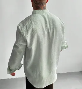 Back view of men's green and white striped long sleeve shirt with mandarin collar