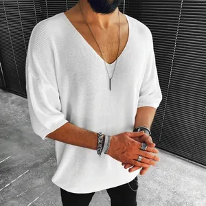 Men Casual V-Neck Short Sleeve Knit T-Shirt Polyester Patchwork Pullover Top Solid Color Breathable Basic Style Men Top