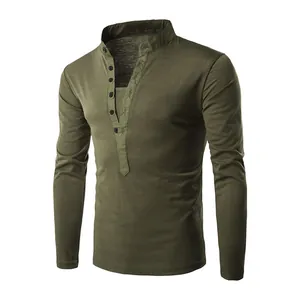 Men Slim Fit Stand Collar Long Sleeve Henley T-Shirt Casual Solid Color Button Placket Polyester Top Spring Autumn