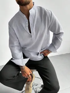 Men's casual striped long-sleeve shirt with stand collar and seersucker texture