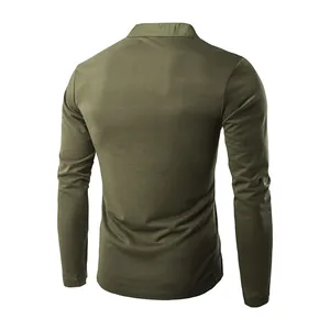 Back view of a men's slim fit long sleeve T-shirt in olive green with stand collar