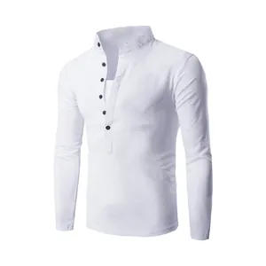 Close-up of a white men's slim fit long sleeve shirt with stand collar and buttons