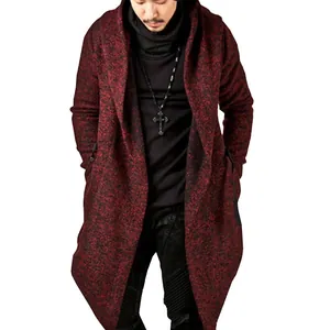 Front view of men's hooded trench coat with irregular hem in burgundy knit