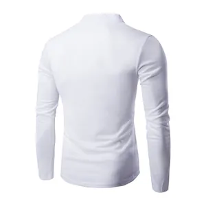 Detailed back view of a white slim fit long sleeve t-shirt with elegant stand collar