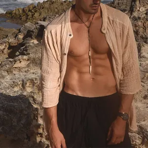 Men's breathable textured cotton linen long sleeve shirt in a relaxed open beach style