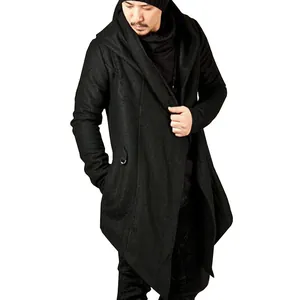 Side view of men's black hooded cardigan with a stylish irregular hem design