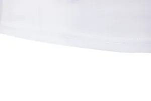 Close-up of white T-shirt hem with professional double-needle stitching detail.