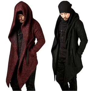 Front view of men's hooded cardigans with irregular hem in burgundy and black