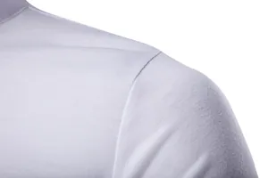 Close-up of shoulder seam and stand collar detail on men's slim fit white T-shirt