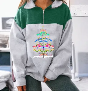 Quarter-zip grey and green sweatshirt featuring a unique dragonfly Christmas tree print