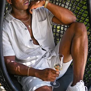 Men's beige cotton linen short sleeve shirt and shorts set for casual summer vacation wear