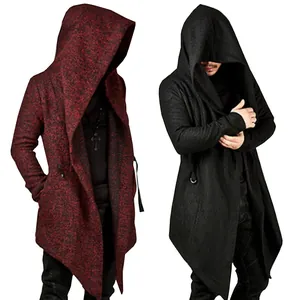 Detailed view of men's hooded cardigan cloak featuring a stylish asymmetrical hem