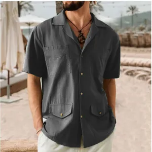 Vista frontale camicia uomo maniche corte lino cotone grigio scuro con quattro tasche