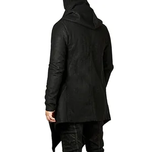Rear view of a stylish black hooded windbreaker for men with an asymmetric hem