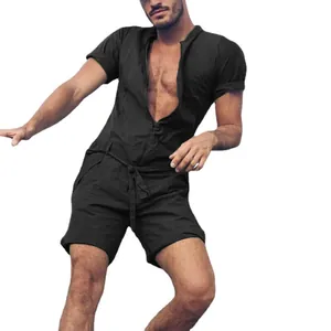 Men's casual solid color short sleeve jumpsuit with front zipper and drawstring waist