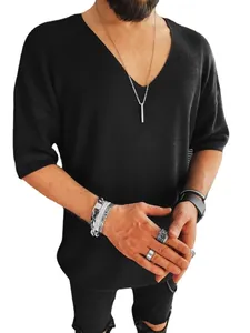 Men's casual black V-neck short sleeve knit sweater in a minimalist style.