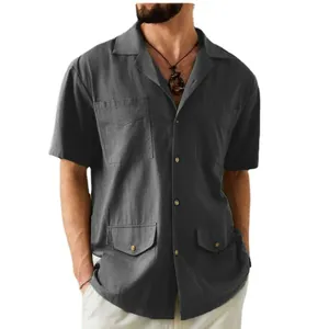 Camicia da uomo a maniche corte in cotone e lino lavato con quattro tasche stile safari