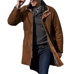 Classic men's mid-length brown suede coat with warm fur collar and dual closure