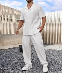 Detalle del conjunto de camisa y pantalones plisados blancos para hombres, tela texturizada