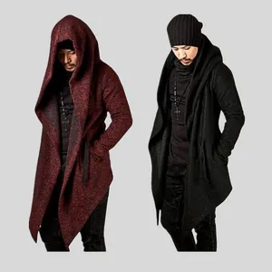 Men Long Hooded Windbreaker Jacket Irregular Hem Open Front Cardigan Cotton Mid-Length Streetwear Gothic Outerwear Top