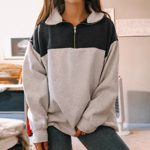 Casual women's color-block half-zip sweatshirt, loose fit long sleeve pullover top for autumn