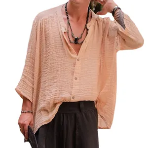 Men's relaxed fit apricot cotton linen long sleeve shirt with henley collar design