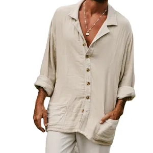 Casual men's long-sleeve cotton linen button-down beach shirt with pockets in beige