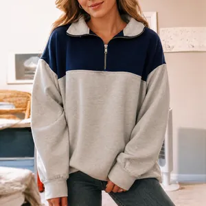 Women's chic navy and grey color-block half-zip sweatshirt with stylish long sleeves
