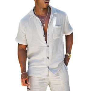 Men's casual cotton linen short sleeve shirt and shorts matching set in light oatmeal