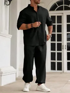 Ανδρικό casual σετ από μαύρο βαμβάκι και λινό, πουκάμισο και παντελόνι lifestyle.