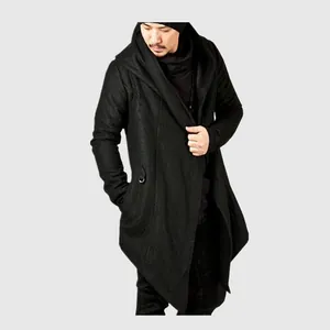 Stylish men's black hooded cardigan with asymmetrical hem, urban streetwear fashion