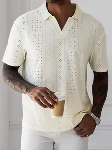 Men's Casual Hollow Out Knit Top Polyester Cotton Blend Short Sleeve Lapel Shirt Urban Fashion Summer Crochet Polo Top