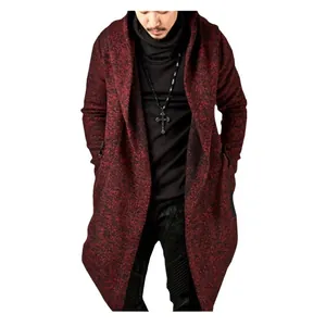 Men's burgundy long hooded cardigan with irregular hem and open front design