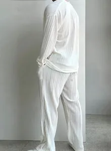 Elegant men's white pleated loungewear set featuring long sleeve shirt and pants