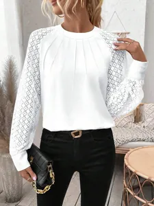 T-shirt da Donna Casual a Maniche Lunghe Elegante Patchwork di Pizzo Tinta Unita Girocollo per Pendolarismo Uscita