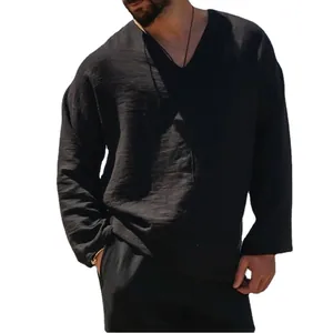 Casual solid black linen V-neck long sleeve shirt for men, comfortable breathable fabric