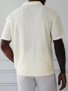 Detailed back view of a cream knit jacquard hollow-out short sleeve shirt for men