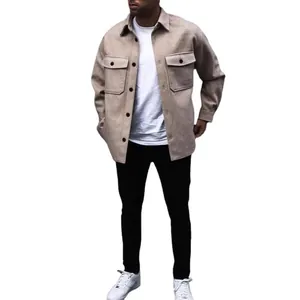 Giacca a camicia casual da uomo in misto lana kaki con doppie tasche sul petto classiche