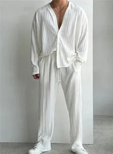 Men's white plissé pleated two-piece set with long sleeve button-down shirt and pants