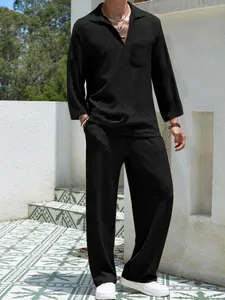 Ensemble décontracté noir texturé pour homme avec chemise à manches longues et pantalon