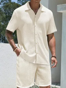 Men's Summer Casual Top And Bottom Short Sleeve Button Down Shirt And Shorts Solid Color Textured Polyester Men's Outfit